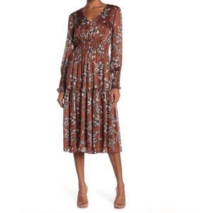 Just Taylor Floral Chiffon Long Sleeve Smocked V-Neck Midi Dress NWT, 14